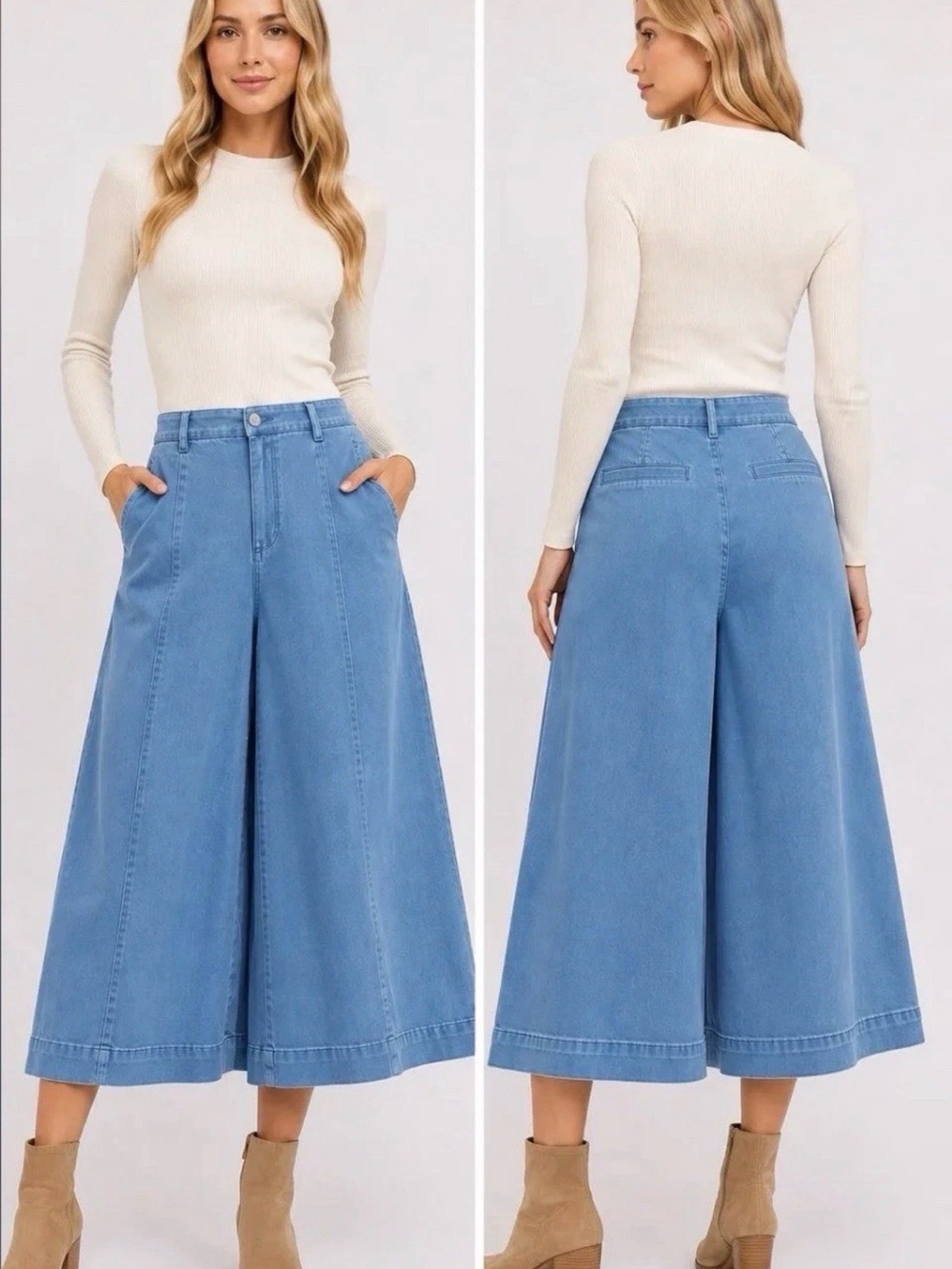 Zenana Signature High Rise Cropped Gaucho Denim🌸Ocean Blue
